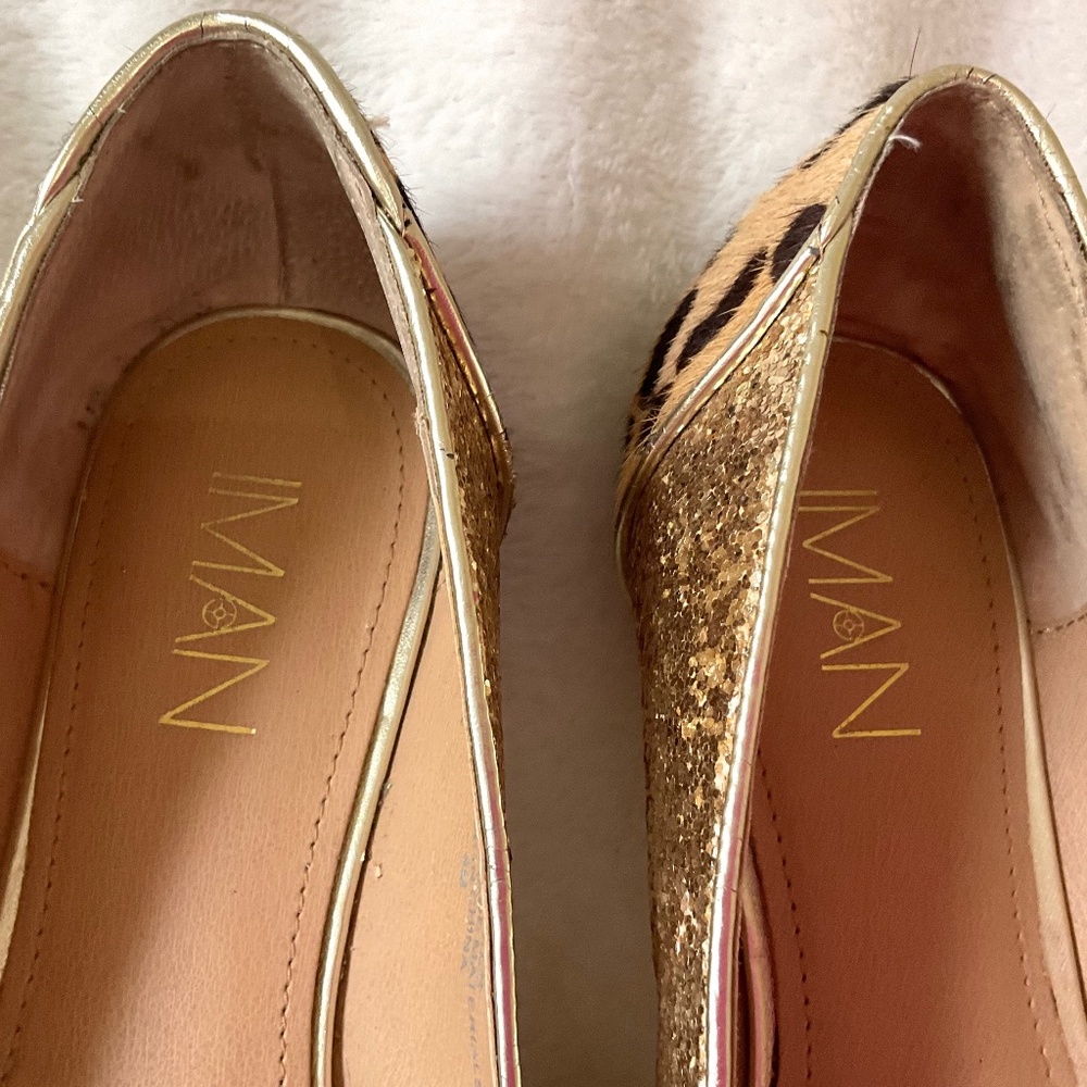 Leopard Print IMAN calf hair glittery slip On Block Heel Flats Size 8M - Picture 7 of 14